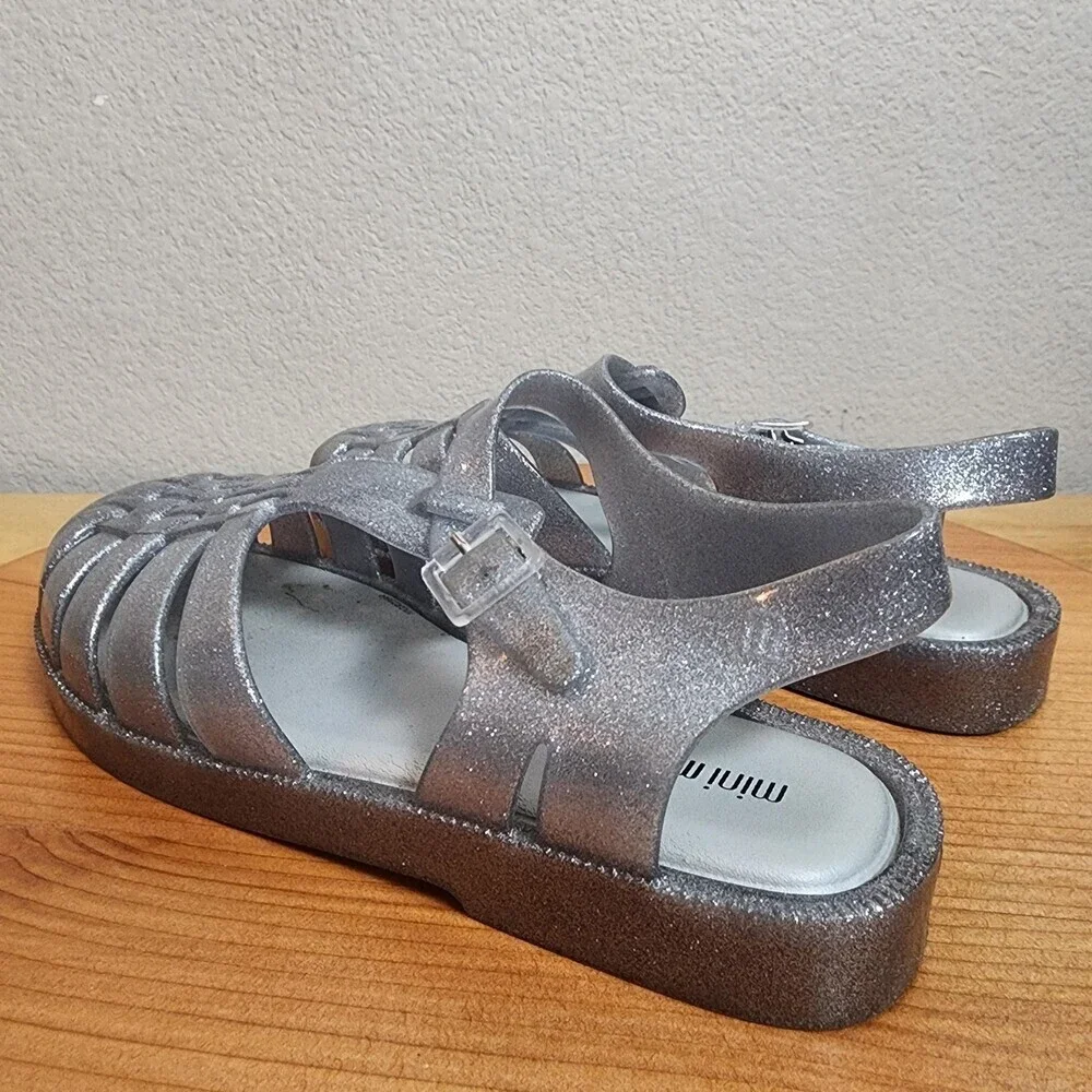 Mini Melissa Sandals Girls Size 3 Silver Glitter Jelly Fisherman Shoes 10GR23BR